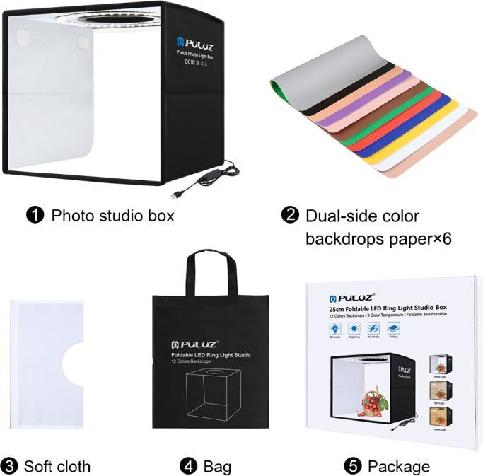Produktbild Puluz 25cm Folding Portable 3 Modes Ring Light Shooting Tent Box + 6 Dual-side Color Backdrops (Black) (Aufnahmebox)