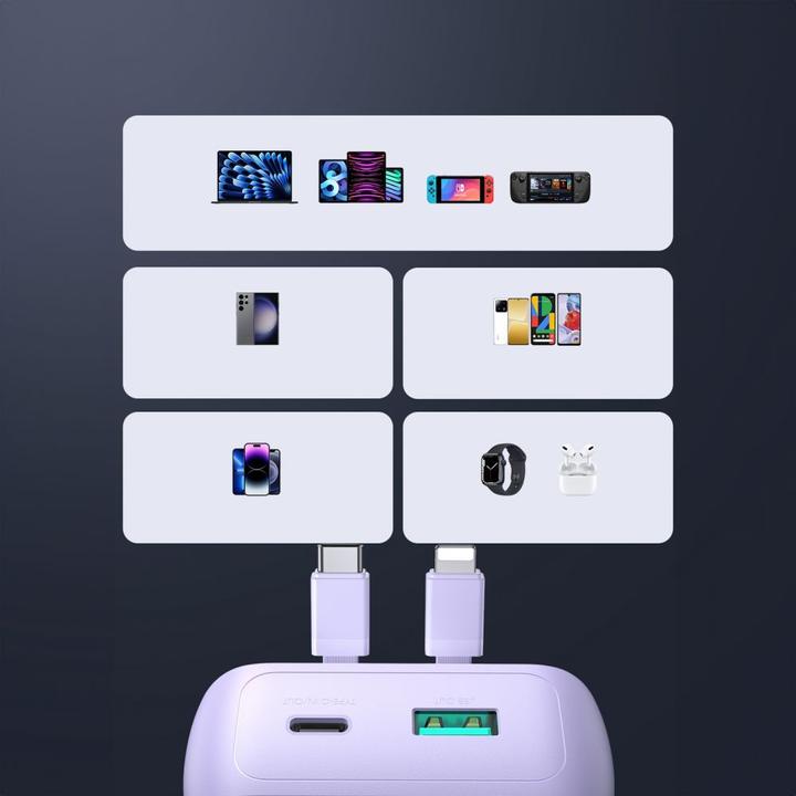 Actual product image Joyroom 30W 20000mAh mini Power Bank with built-in Cables, USB-A & USB-C - Purple (10000 mAh, 30 W, 37 Wh)