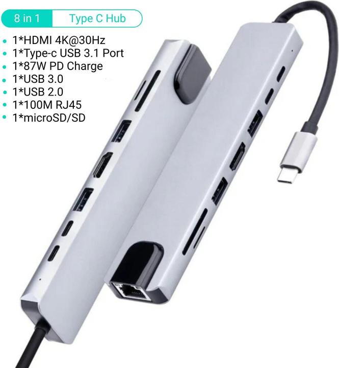Hermex Dockingstation Multi USB-Hub USB-C 8in1 USB-A 3.0/2.0 HDMI microSD/SD RJ45 (USB-C, 8 Ports)