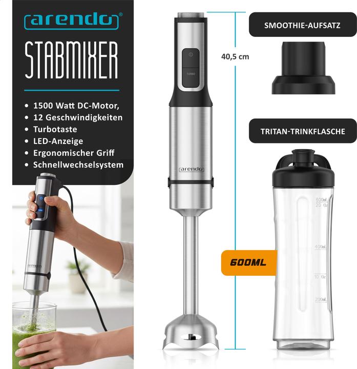 Produktbild Arendo Stabmixer Set 1500 Watt, Edelstahl Pürierstab, 12 Stufen, Abnehmbarer Mixfuss, DC-Motor, ergonomisch