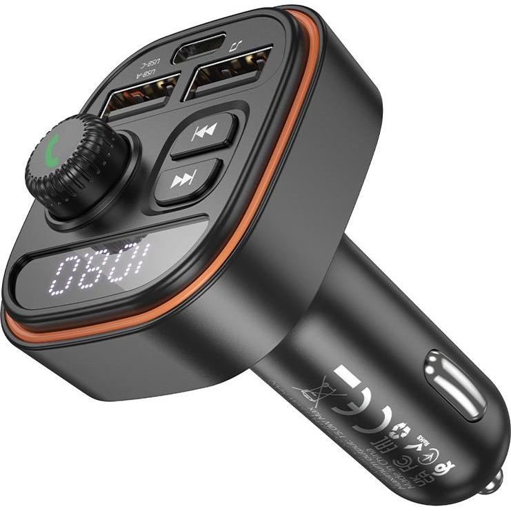 Borofone BT FM Transmitter and Car Charger BC59 Heroic, 2 x USB-A - 1 x USB-C, Black, Adattatore per auto, Nero
