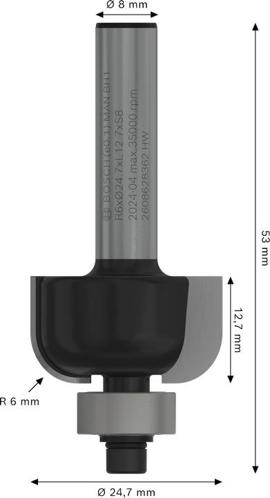Produktbild Bosch Professional Zubehör Hohlkehlenfräser, 8 mm, R1 6 mm, D 24,7 mm, L 13 mm, G 53 mm
