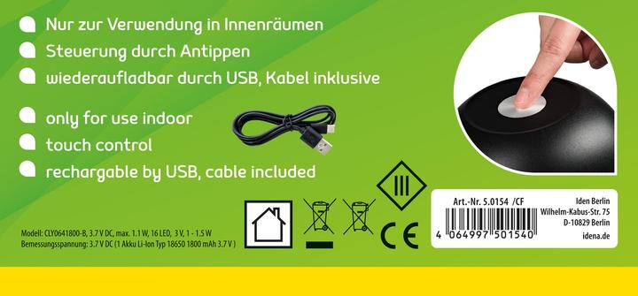 Actual product image Idena LED Tischleuchte Touch Tango Metall schwarz 15x33cm Akku USB dimmbar 3 Modi Innen
