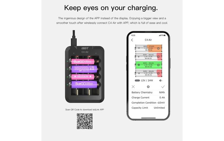 Image du produit Isdt Chargeur C4 Air USB-C, pour NiMH & Li-ion (1 pcs, 10440, 10500, 12500, 13500, 14500, 14650, 16650, 17650, 17670, 18650, 18700, 20650, 20700, 21700, 22650, 26650, AAA, AA, Chargeurs sans batterie)