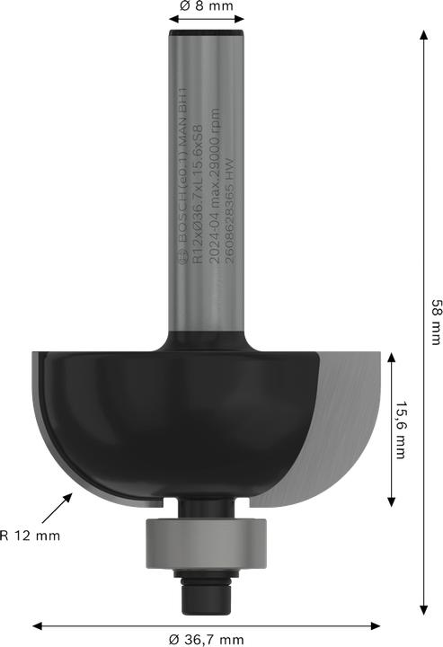Actual product image Bosch Professional Zubehör Chamfer cutter, 8 mm, R1 12 mm, D 36.7 mm, L 16 mm, G 58 mm