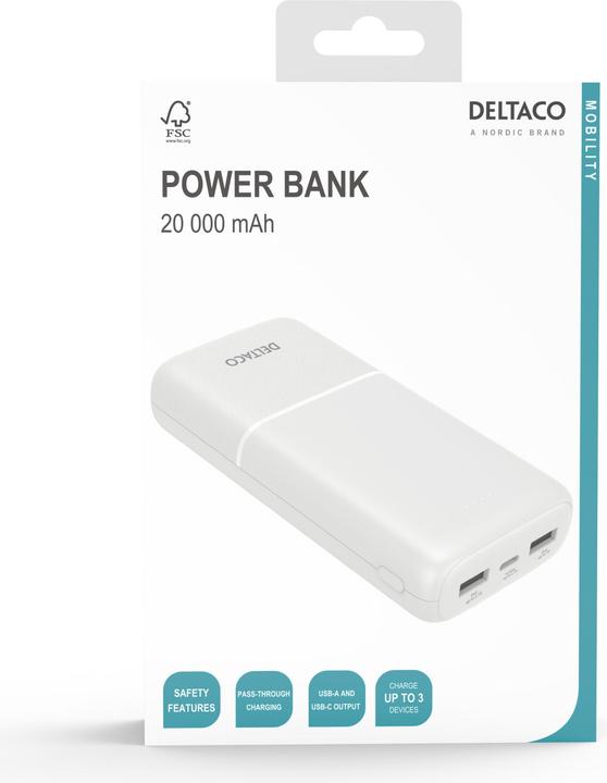 Immagine prodotto Deltaco Powerbank 20.000 mAh, 2x USB-A, 1x USB-C - Bianco (20000 mAh, 10.50 W, 74 Wh)