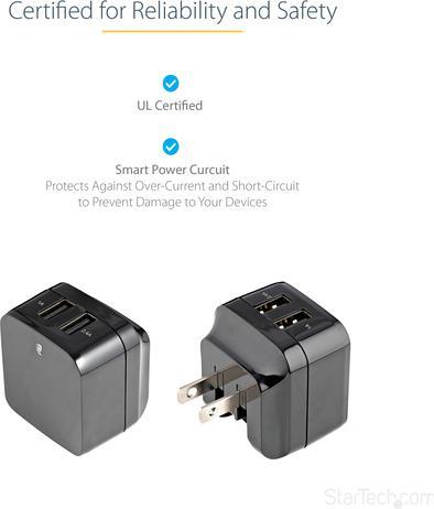 Actual product image StarTech 2 Port USB Charger / Power Supply - Dual Charging Plug 17 Watt / 3.4 Amp - Dual Travel Charger 110 (17 W, 2 ports)