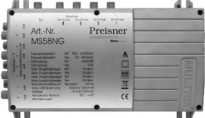Produktbild Televes MS58NG. Produktfarbe: Grau. Stecker: F. Breite: 204 mm, Tiefe: 57 mm, Höhe: 130 mm. Abmessungen (BxT (Multischalter)