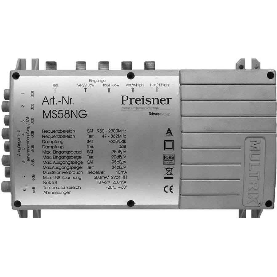 Televes MS58NG. Produktfarbe: Grau. Stecker: F. Breite: 204 mm, Tiefe: 57 mm, Höhe: 130 mm. Abmessungen (BxT (Multischal...