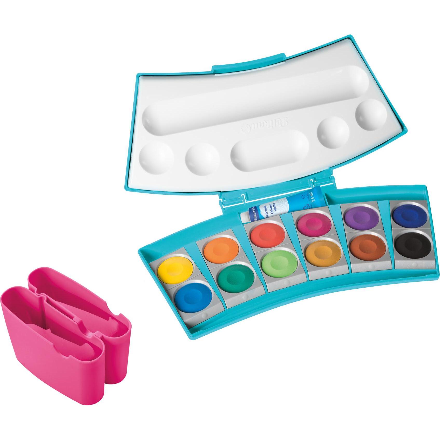 Pelikan, Künstlerfarbe + Bastelfarbe, Leuchtfarbe Deckfarbkasten 12 Farben, Türkis und Pink (Türkis, Pink, 12 ml)