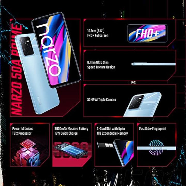 Image du produit realme Narzo 50A Prime (64 Go, Bleu Flash, 6.60", Double SIM hybride, 4G)