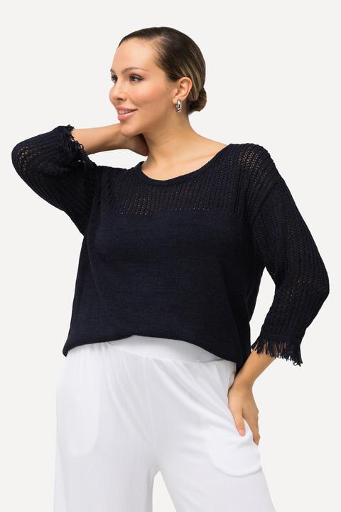 Actual product image Ulla Popken Openwork Striped Panel Fringed Cuff Sweater (54)