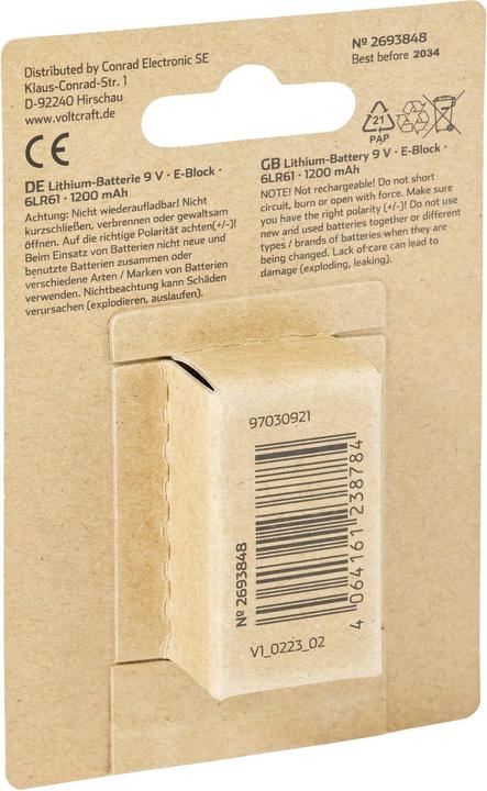 Produktbild Voltcraft VC-9V-Li-1200mAh 9 V Block-Batterie Lithium 1200 mAh 9 V 1 St. (1 Stk., 9V Block, 1200 mAh)