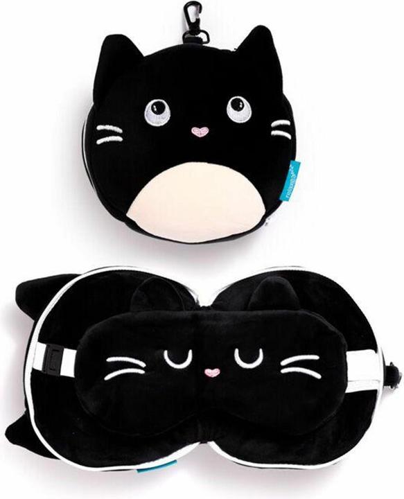 Immagine prodotto Puckator Relaxeazz Feline Fine Cat Cuscino da viaggio rotondo e maschera per gli occhi (Cuscino per testa e collo)