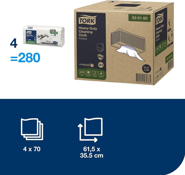 Productafbeelding Tork 530180 Sterke poetsdoeken 61,5 x 35,5 cm wit 1-laags, 4 x 70 stuks/doos, W4 enkele doek (4x)