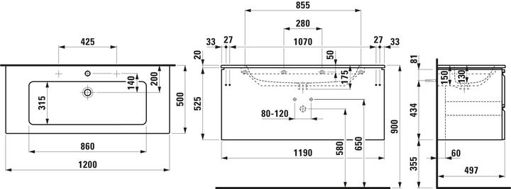 Actual product image Laufen Pro S Set 1200, washbasin, 2 tap holes, overflow, incl. vanity unit, 2 drawers, 1200x500mm, H