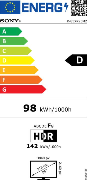 Label énergétique Sony K85XR95M2PB (85", Bravia 9 II, True RGB, 4K)