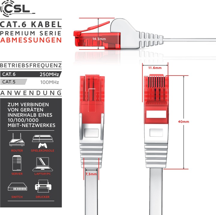 Immagine prodotto CSL Cavo di rete CAT.6 piatto - Cavo Ethernet Gigabit Lan RJ45 - comp. CAT.5 CAT.6 CAT.7 CAT.8 (UTP, CAT6, 30 m)