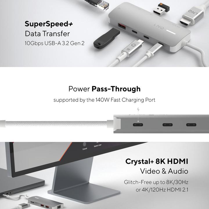 Actual product image LINQ Connects 8in1 8K PRO USB-C Multiport Hub 140W (USB-C, 8 Ports)