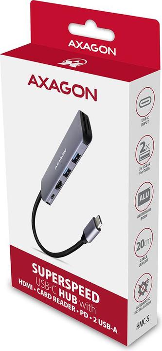Produktbild Axagon HMC-5 USB-C-Hub, 2x USB-A, HDMI, 2x USB-C 3.2 Gen 1, 1x SD, 1x microSD (USB-C, 2 Ports)