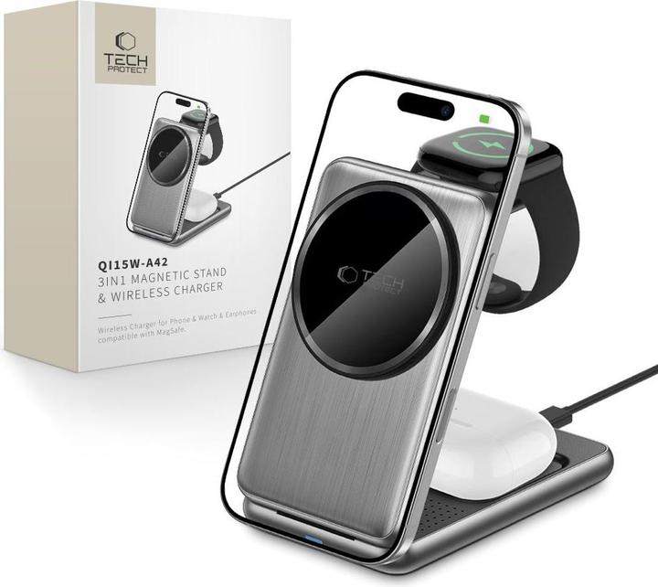 Actual product image Tech-Protect Dock station Universal QI15W-A42 3IN1 MAGNETIC MAGSAFE WIRELESS CHARGER Space Gray (15 W)