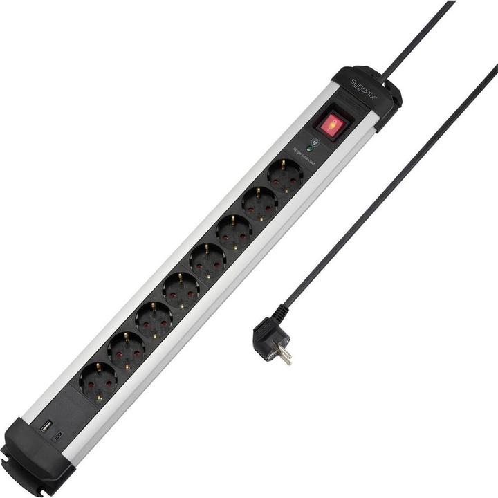 Sygonix SY-6807134 Überspannungsschutz-Steckdosenleiste 8fach Schwarz, Silber Sc (8x, CEE 7/3, CEE 7/4)
