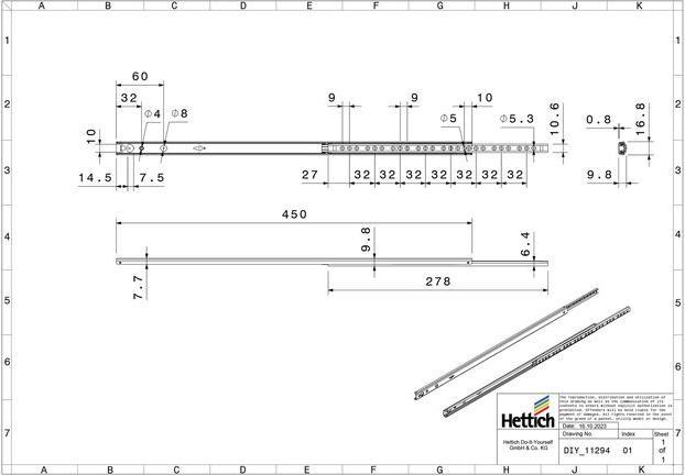Image du produit Hettich Schubladenschiene Teilauszug 450 mm verzinkt 9136699 2 Stück