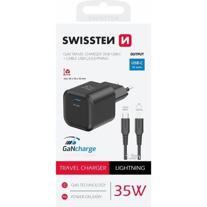 Swissten, Christbaumschmuck, Travel Charger Gan 1X USB-C 35W Power Delivery Black + Data Cable USB-C/Lightning 1,2M Blac...