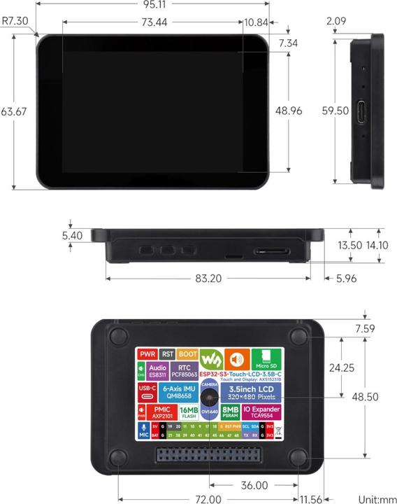 Produktbild WaveShare ESP32-S3 Touch LCD 3.5B-C 3.5 Zoll 480×320 mit OV5640 Kamera