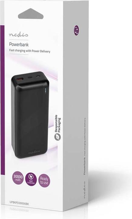 Produktbild Nedis powerbank | 30000 mAh | 1.5 / 2.0 / 3.0 A | Anzahl der Ausgänge: 2 | Ausgangsanschluss: 1x USB (30000 mAh, 20 W, 111 Wh)