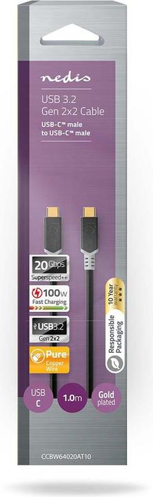 Productafbeelding Nedis USB-C kabel, 20Gbps, 100W PD, 1m (1 m, USB 4.0, 100 W)
