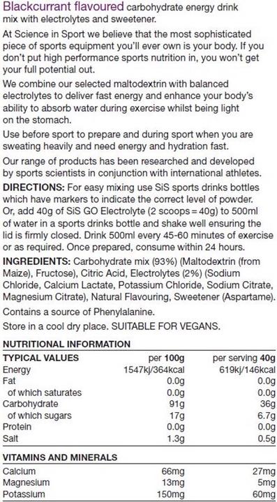 Valeurs nutritives et ingrédients SIS GO Electrolyte Drink (1 pièce(s), Poudre, 1600 g)