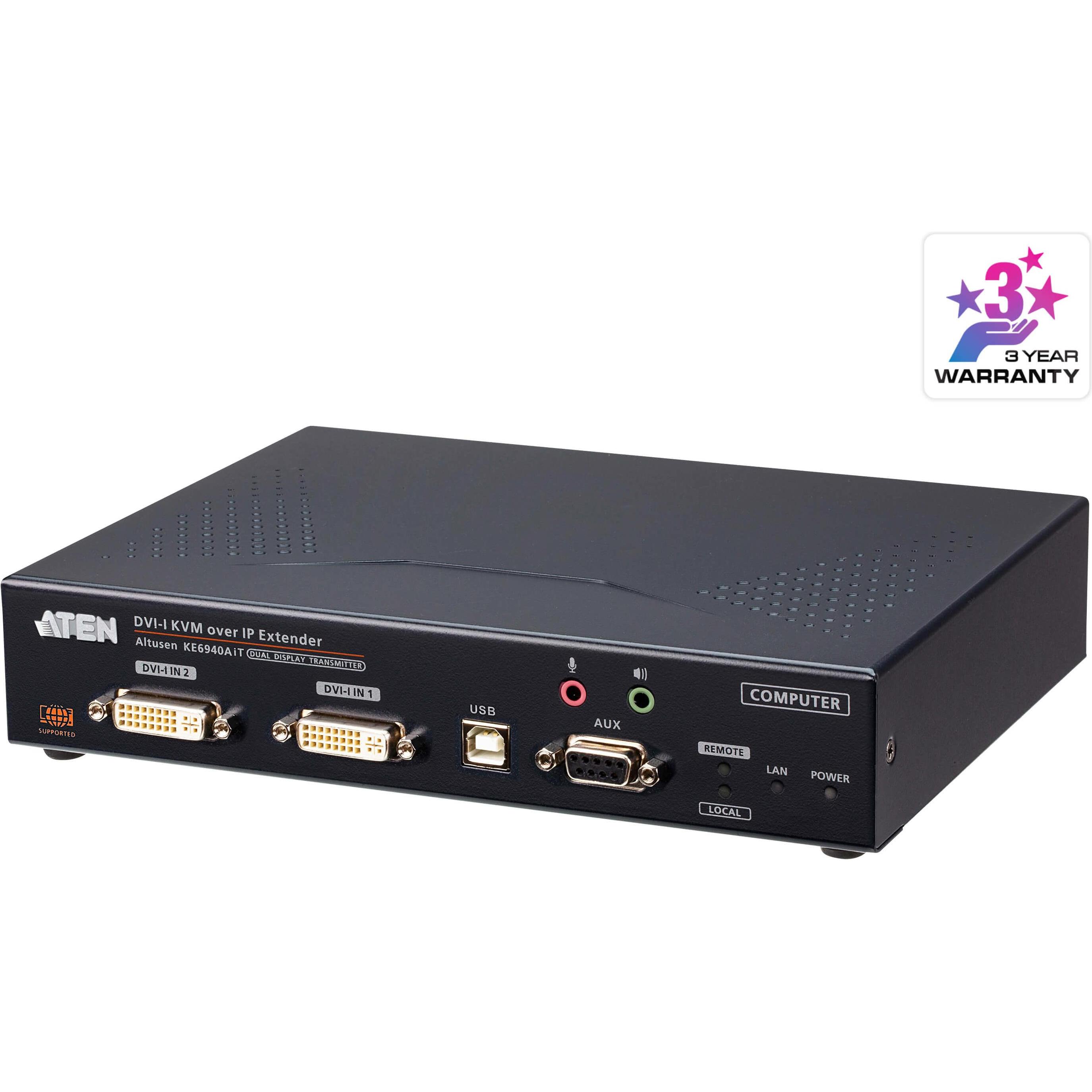 Aten KE6940AIT Trasmettitore KVM over IP a doppio schermo DVI-I con accesso a Internet, Switch KVM, Nero