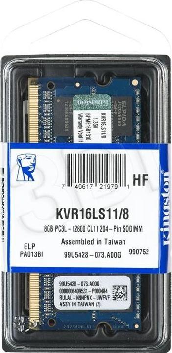 Produktbild Kingston ValueRAM (1 x 8GB, 1600 MHz, DDR3L-RAM, SO-DIMM)