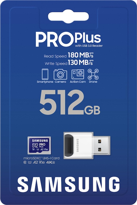 Actual product image Samsung PRO Plus with USB card reader (512 GB, microSDXC, U3, UHS-I)