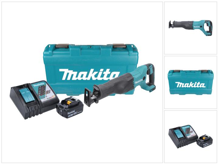 1x sega alternativa a batteria Makita DJR 186, 1x batteria Makita BL 1860 B 18 V 6.0 Ah, 1x caricabatterie Makita DC 18 RC, 1x valigetta Makita in plastica