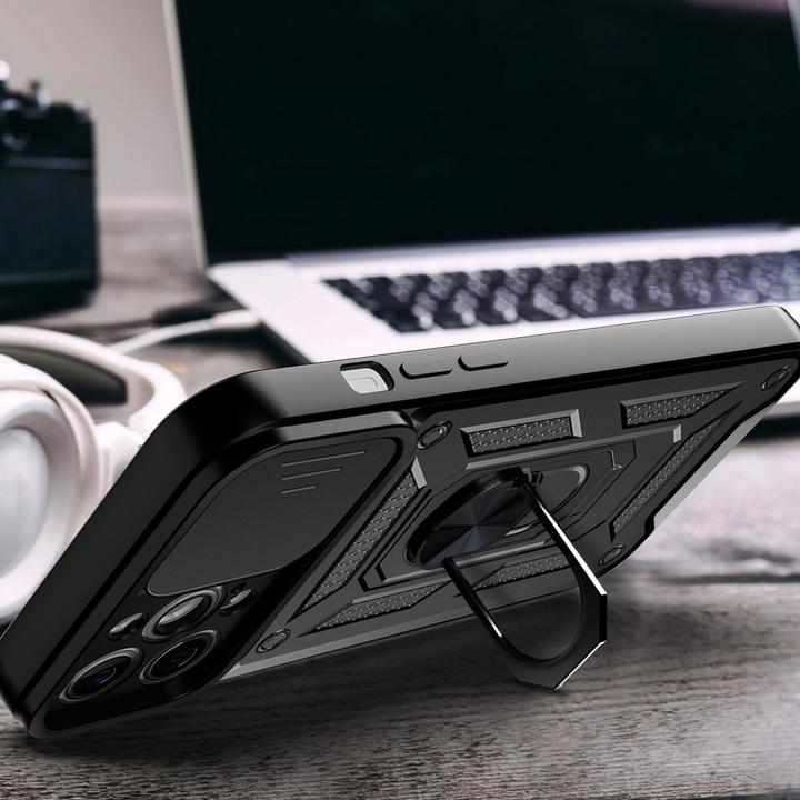 Actual product image Hurtel Hybrid Armor Camshield case for iPhone 14 Plus armored case with camera cover black (Apple iPhone 14 Plus)