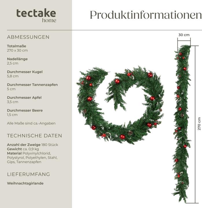Produktbild tectake Weihnachtsgirlande naturgetreu mit Kugeln und Tannenzapfen 2,7m