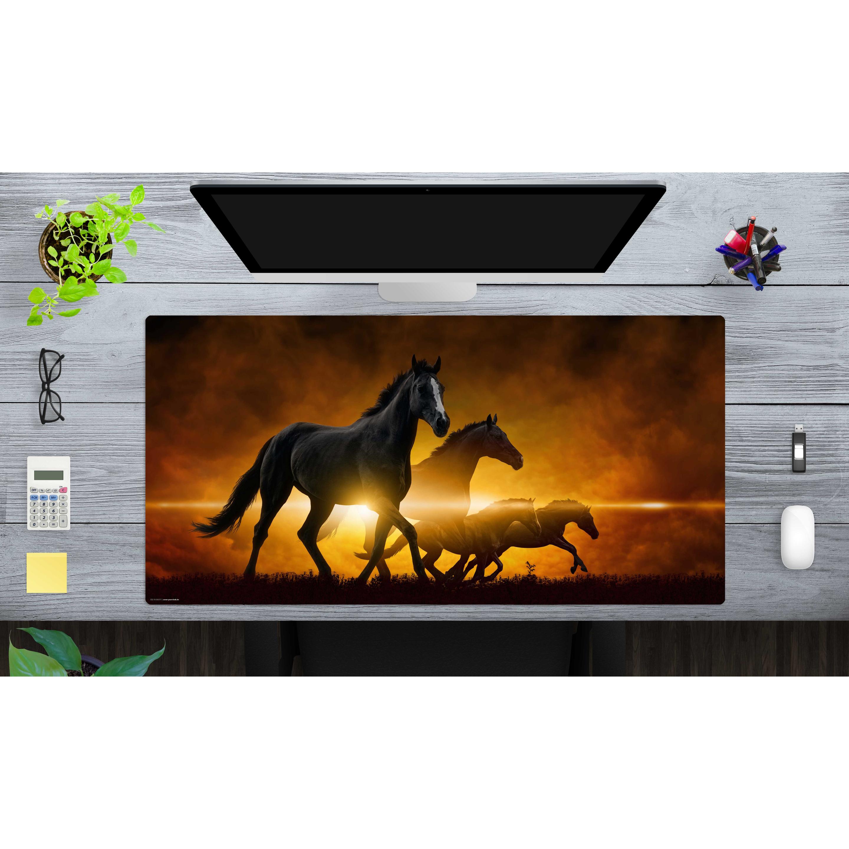 Thumbnail - CoverYourDesk, Unterlage, Schreibtischunterlage Schwarze Pferde bei Sonnenaufgang
