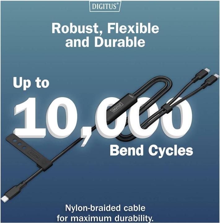 Image du produit Digitus USB-C 2in1 Ladekabel, 140W, 1,8m USB 2.0, Nylon-Mantel, schwarz (1.80 m, USB 2.0, 140 W)