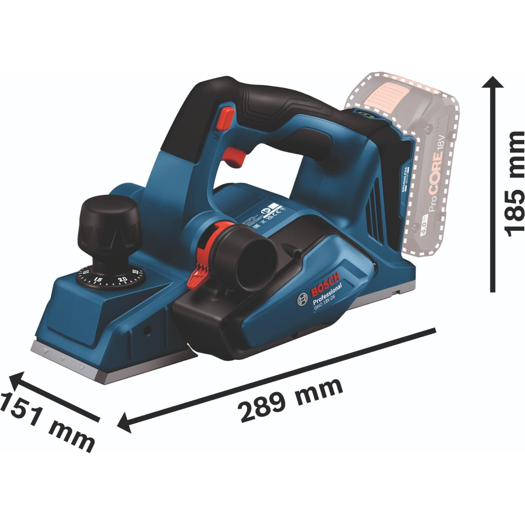 Bosch Professional, Hobelmaschine, Bosch GHO 18V-26 Professional Akku Hobel 18 V 2,6 mm Brushless + 1x Akku 4,0 Ah + L-B...