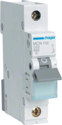Image du produit Hager LE MCN102. Courant nominal : 2 A. Type : Type C, Quantité de modules (max) : 1 module(s). Largeur :