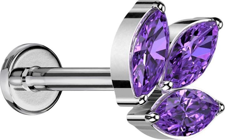Actual product image Star Piercing Micro labret inner thread silver three oval crystals violet (Titanium, without brass)