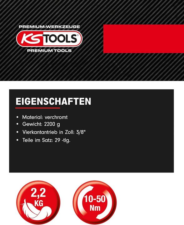 Image du produit KS Tools Jeu d'outils dynamométriques, prise 9x12 mm, 29 pièces, 10-50 Nm (3/8", 10 Nm, 50 Nm)