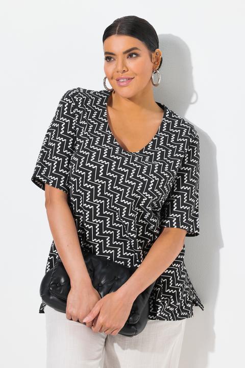Actual product image Ulla Popken Zigzag Print Short Sleeve V-Neck Tee (46, 48)