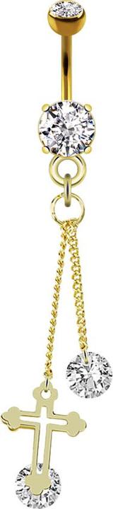 Actual product image Star Piercing Banana 14k gold-plated with two spheres crystal silver pendant cross and chain with crystal (without brass, Surgical steel 316L)
