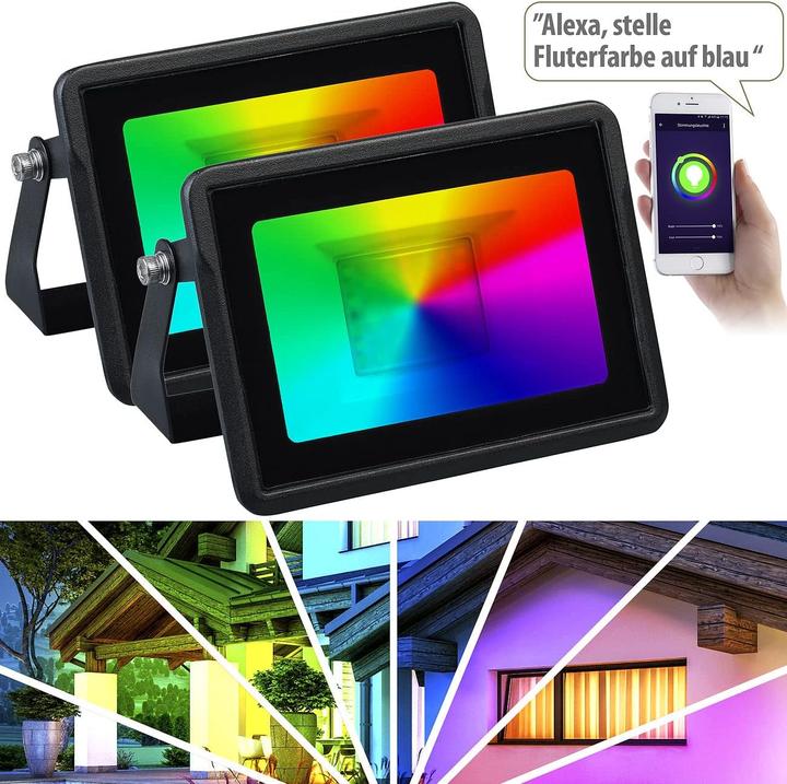 Actual product image Luminea Set of 2 WLAN RGB CCT floodlights with voice control (1500 lm, IP65)