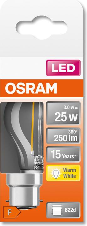 Immagine prodotto Osram LEDSCLP25 2,5W/827 230V FILB22D10X1OSRAM (B22d, 2.50 W, 250 lm, 6 x, F)
