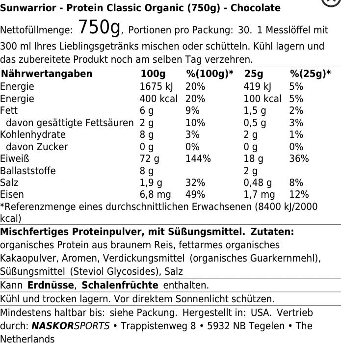 Nährwerte und Zutaten Sunwarrior Protein Classic Organic (1x)