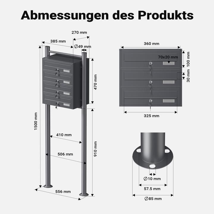 Produktbild Wiltec 4er Briefkastenanlage Anthrazit 270x513x1500mm Standbriefkasten Post